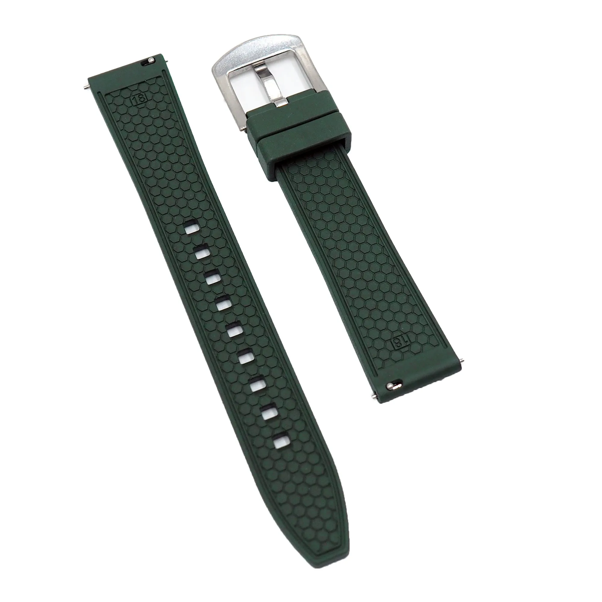 18mm Square Pattern Army Green FKM Rubber Watch Strap, Quick Release Spring Bars