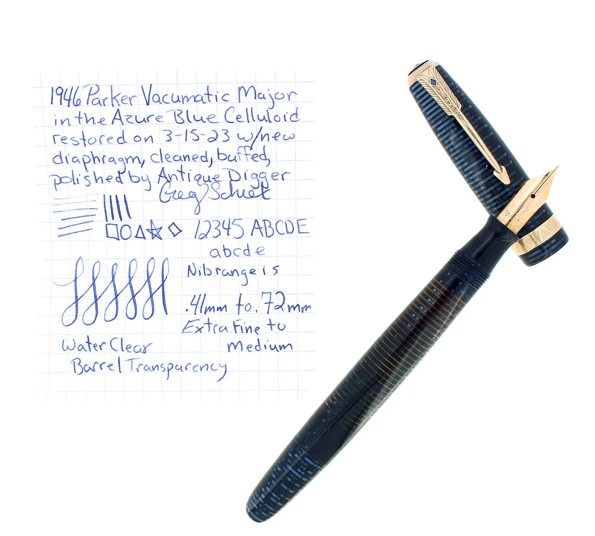 1946 PARKER VACUMATIC AZURE BLUE PEARL MAJOR FOUNTAIN PEN RESTORED