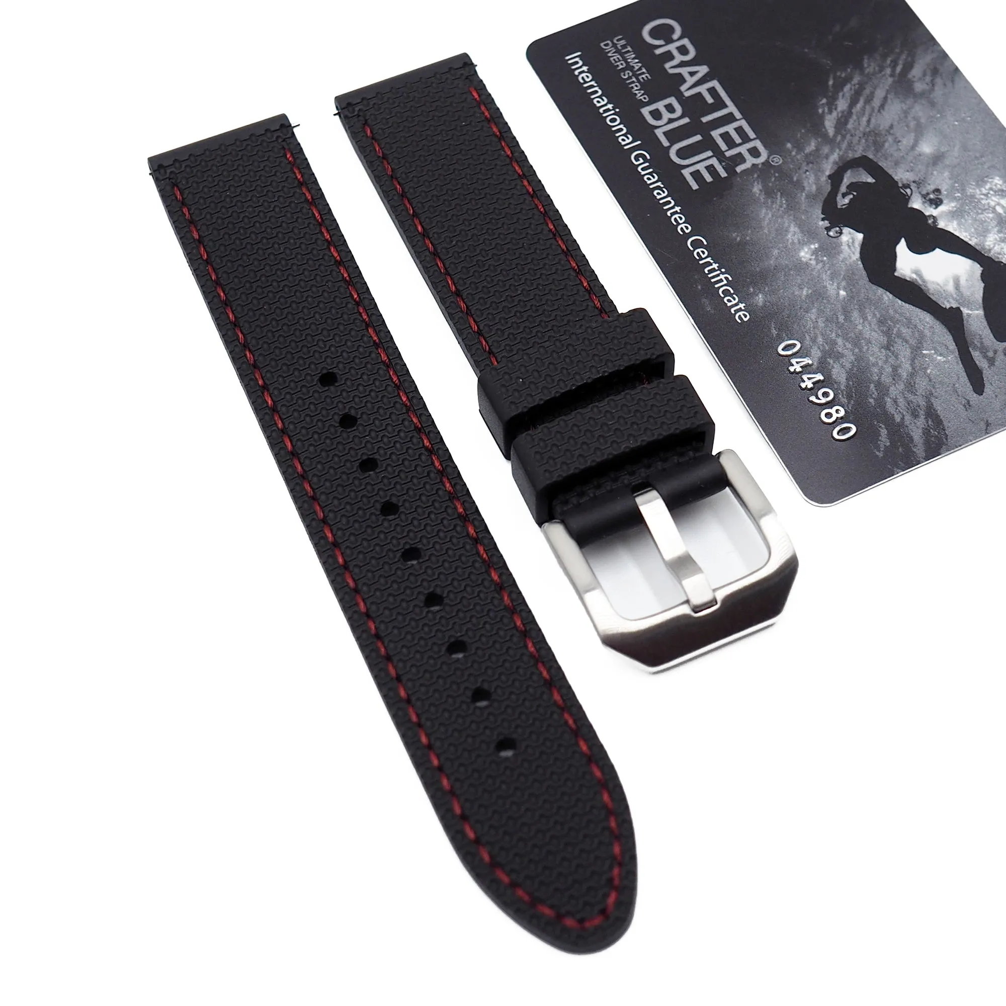 20mm, 22mm Crafter Blue Straight End Performance Black Vulcanized FKM Rubber Watch Strap, Red Stitching, Quick Release Spring Bars