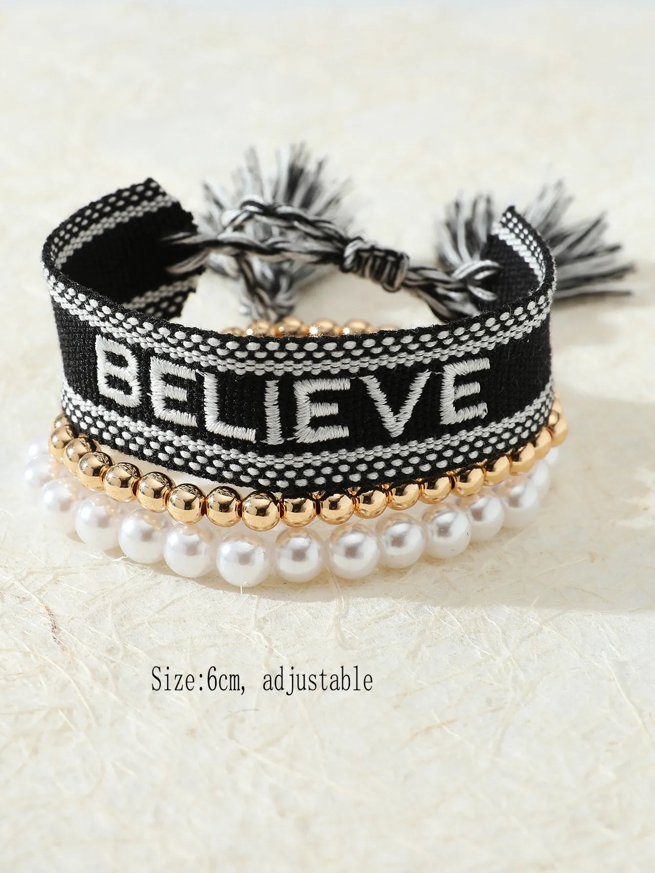 3pcs/set BELIEVE Black and White Embroidered Faux Pearl Decor Bracelet Women