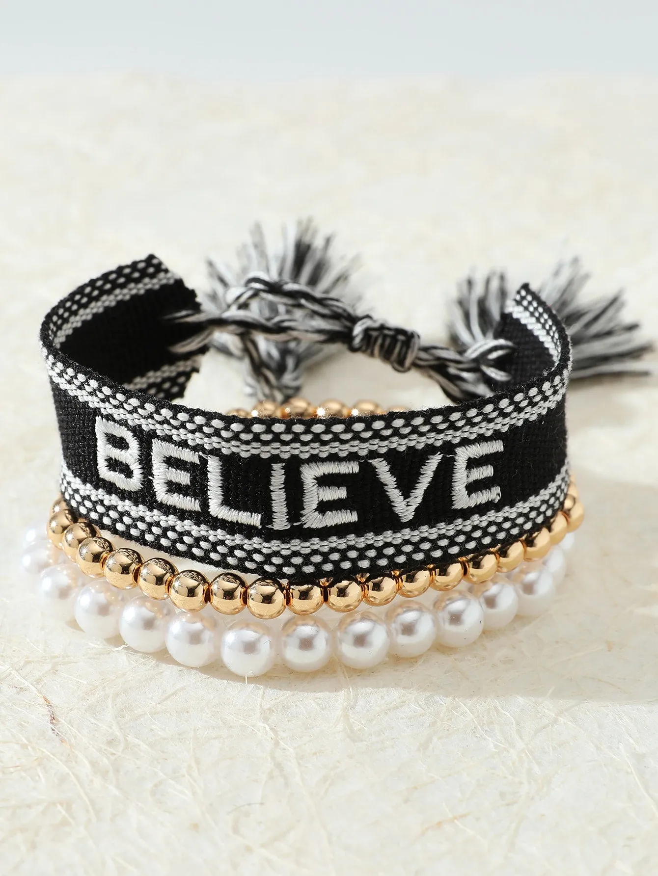 3pcs/set BELIEVE Black and White Embroidered Faux Pearl Decor Bracelet Women