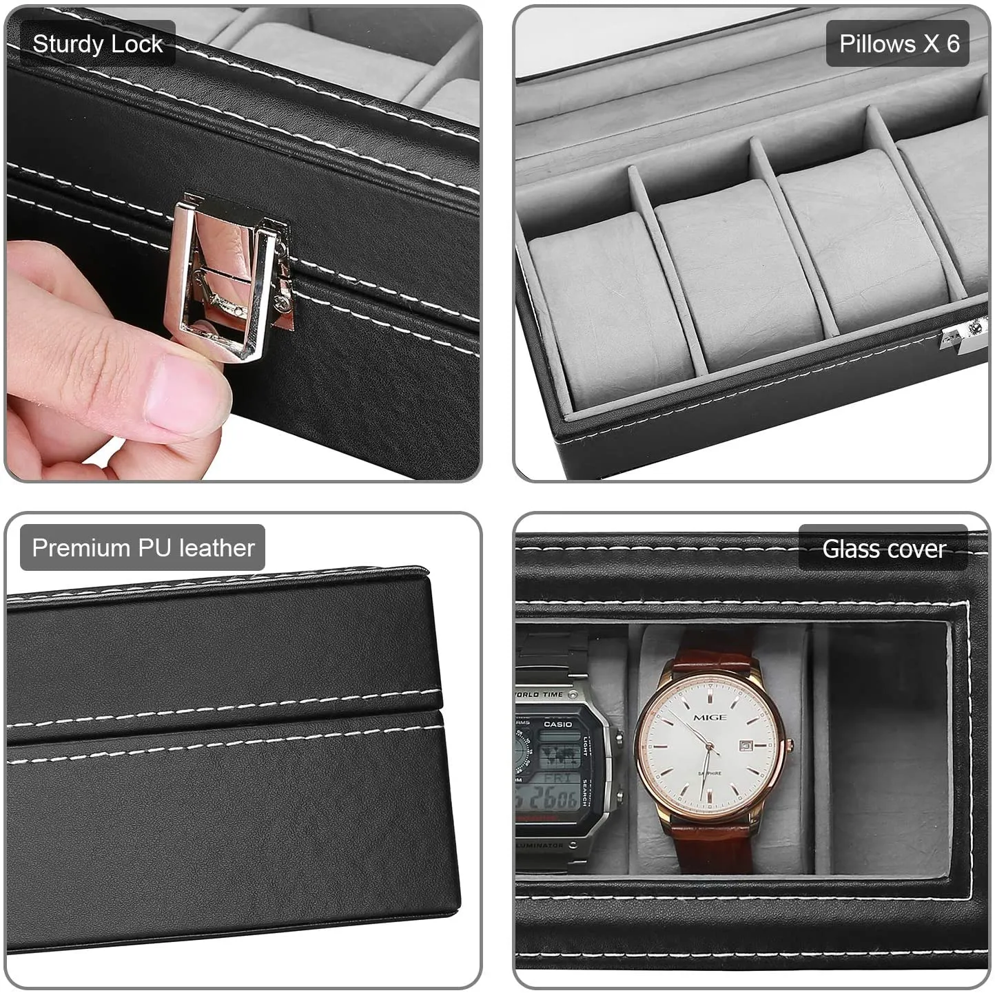 6 Slots PU Leather Watch Box with Crystal Glass Lid | ProCase