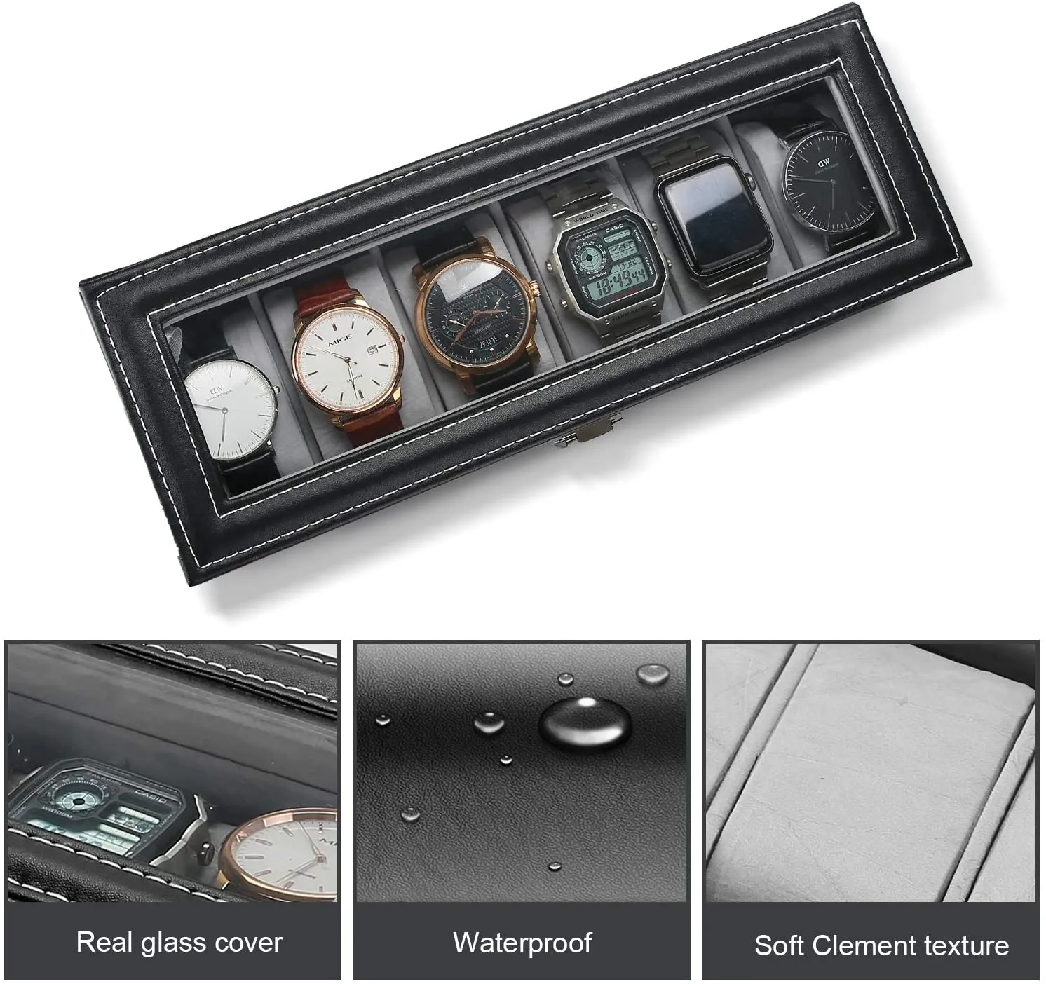 6 Slots PU Leather Watch Box with Crystal Glass Lid | ProCase