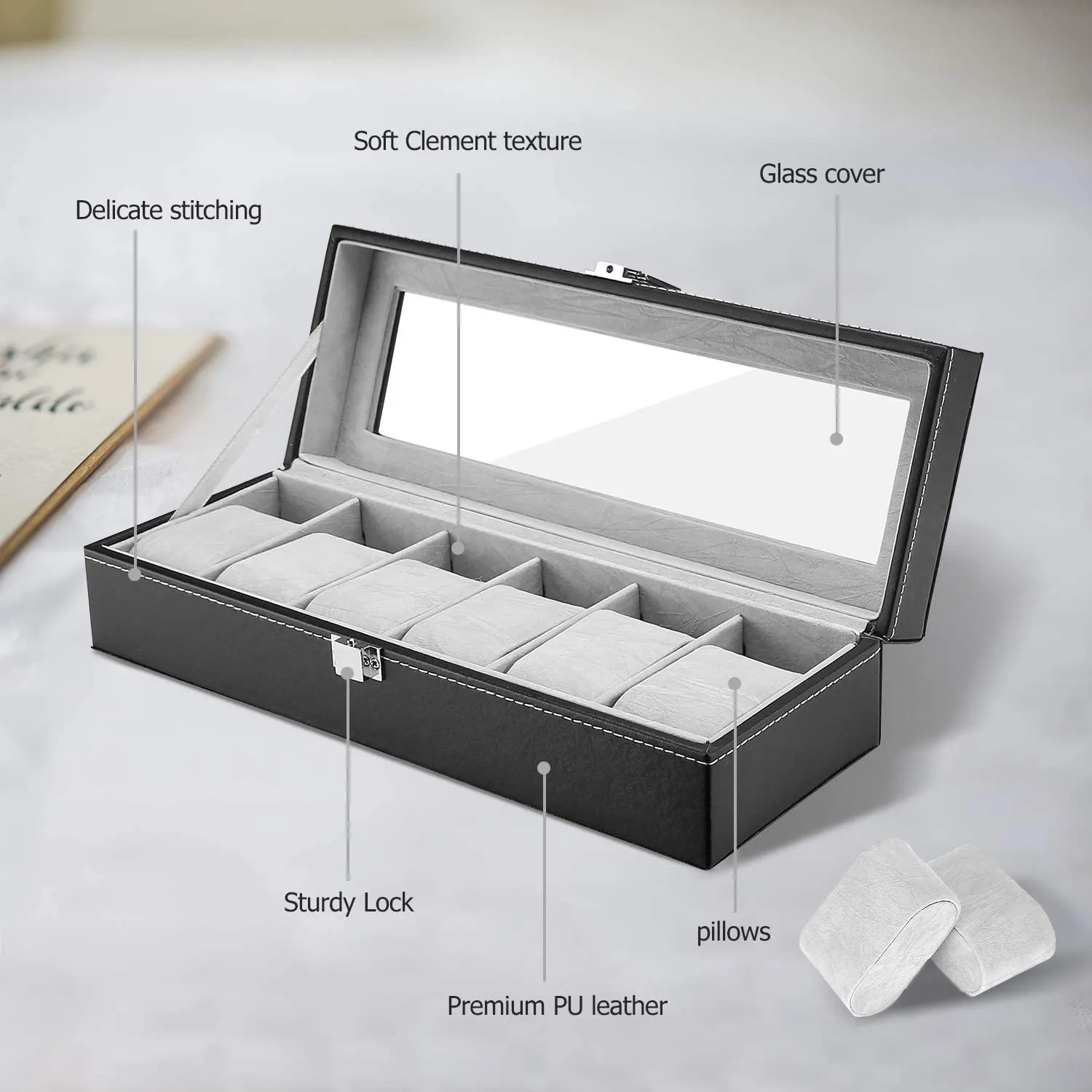 6 Slots PU Leather Watch Box with Crystal Glass Lid | ProCase