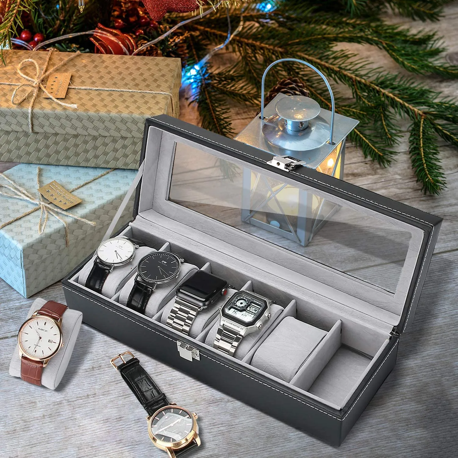 6 Slots PU Leather Watch Box with Crystal Glass Lid | ProCase