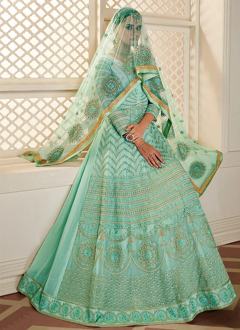 Aqua Blue Lucknowi Embroidered Anarkali Suit