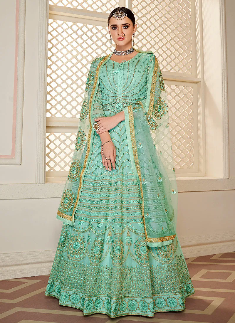 Aqua Blue Lucknowi Embroidered Anarkali Suit