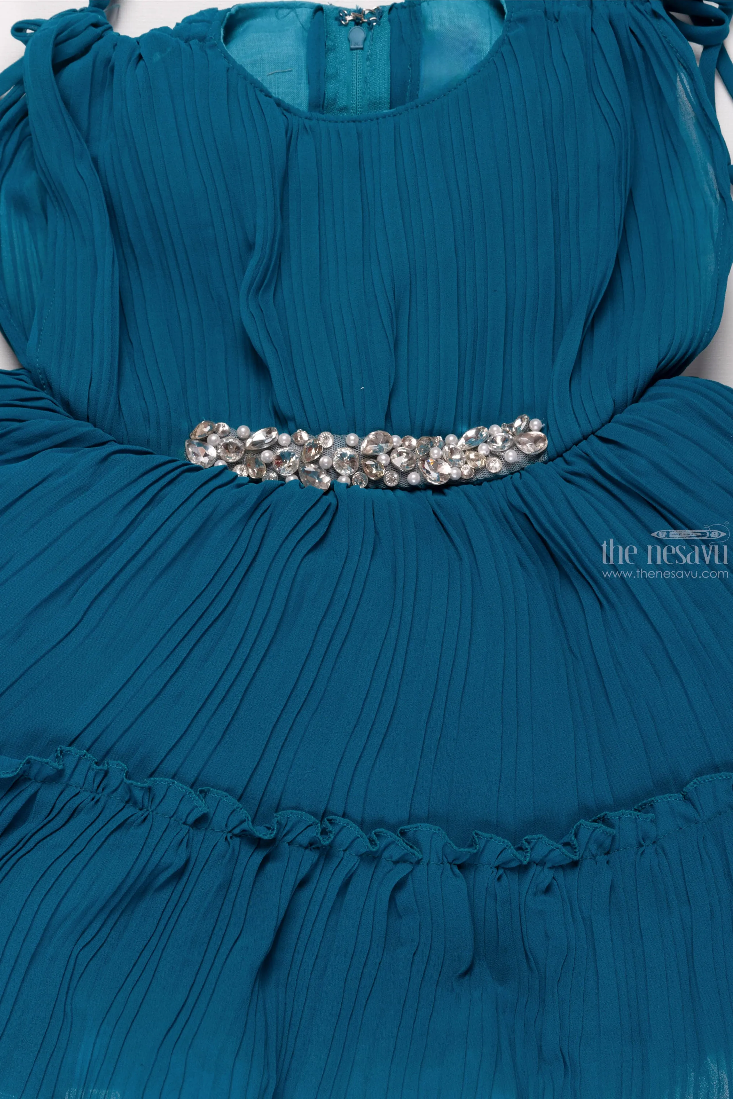 Azure Elegance: Girls Pleated Blue Georgette Party Dress