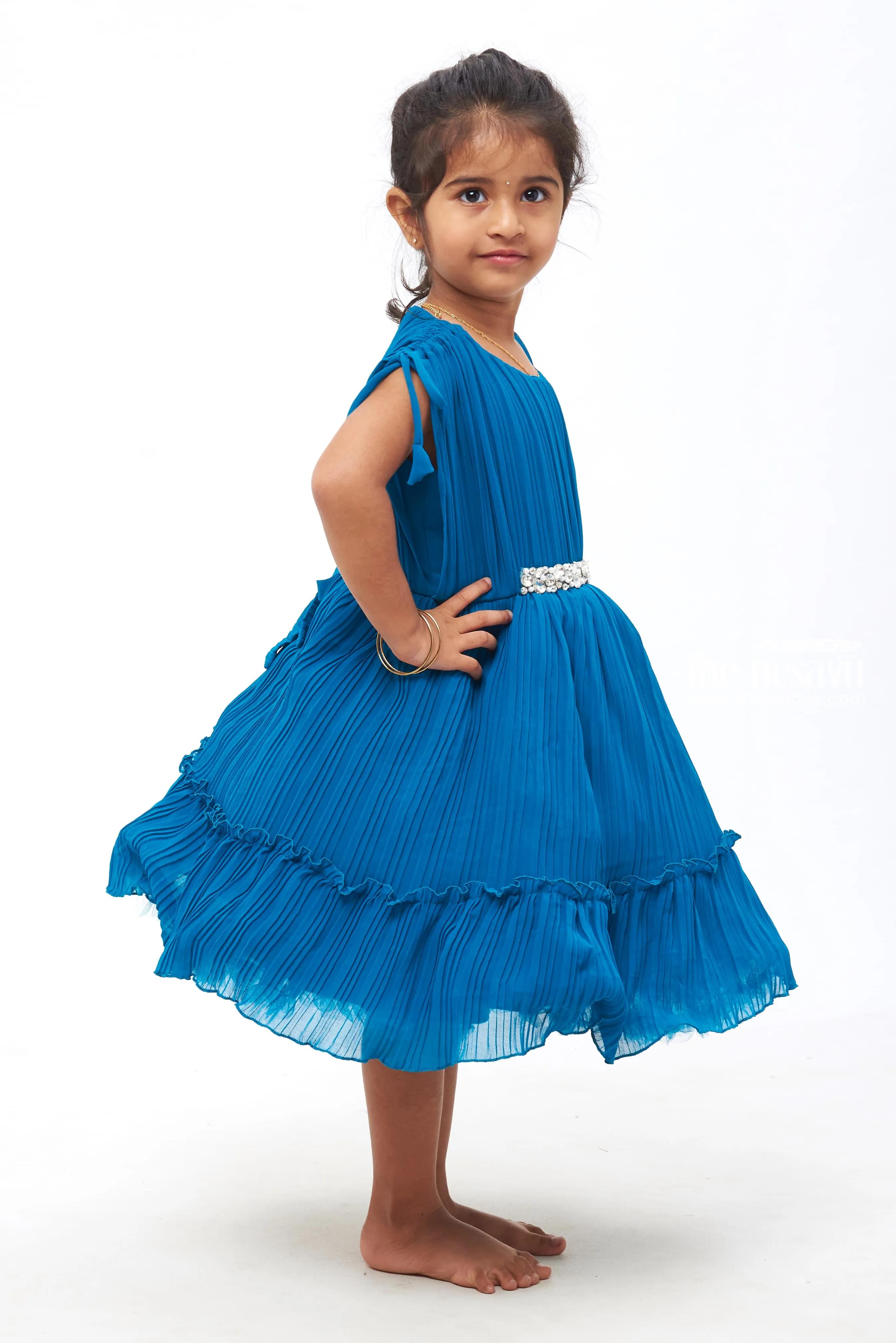 Azure Elegance: Girls Pleated Blue Georgette Party Dress