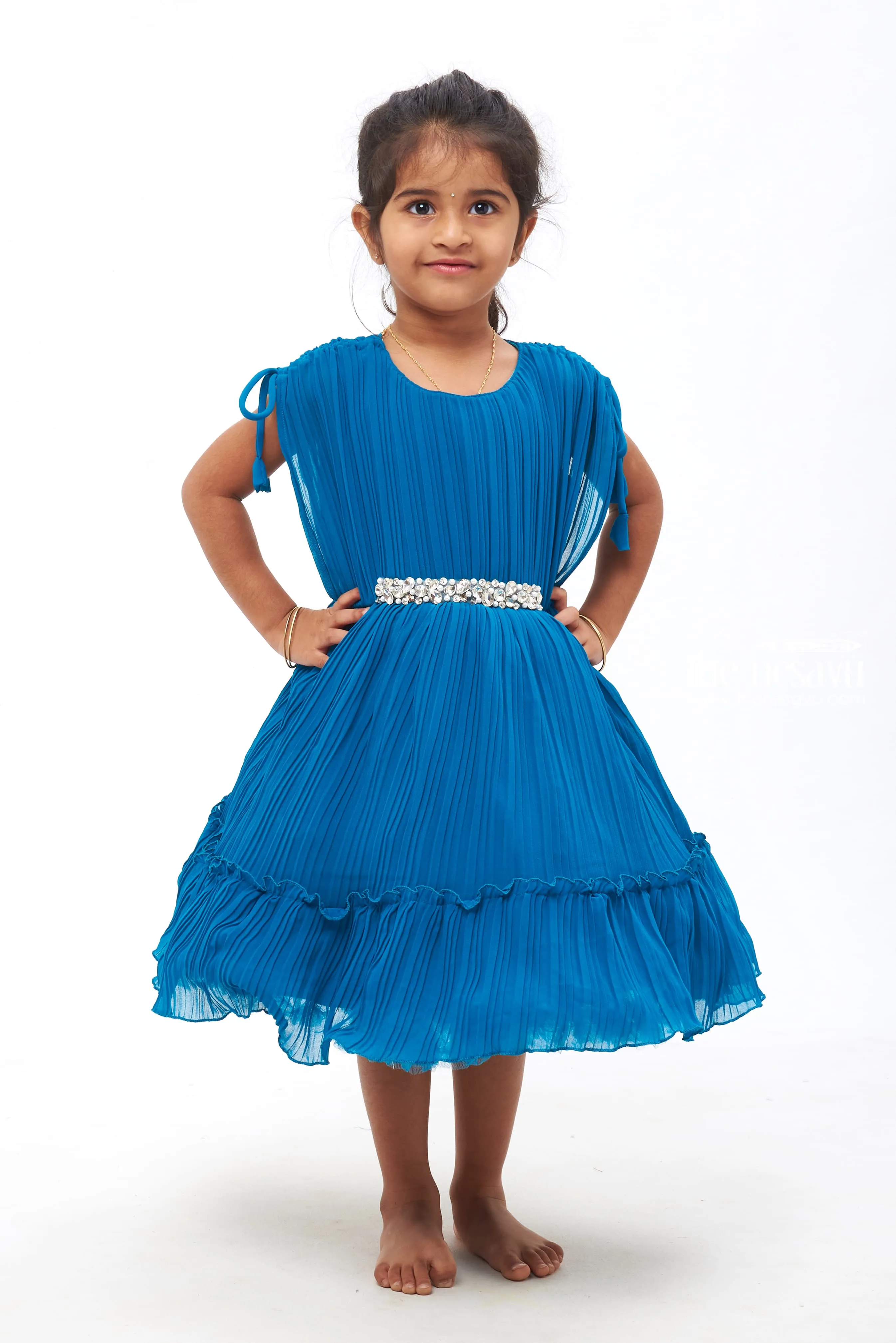 Azure Elegance: Girls Pleated Blue Georgette Party Dress