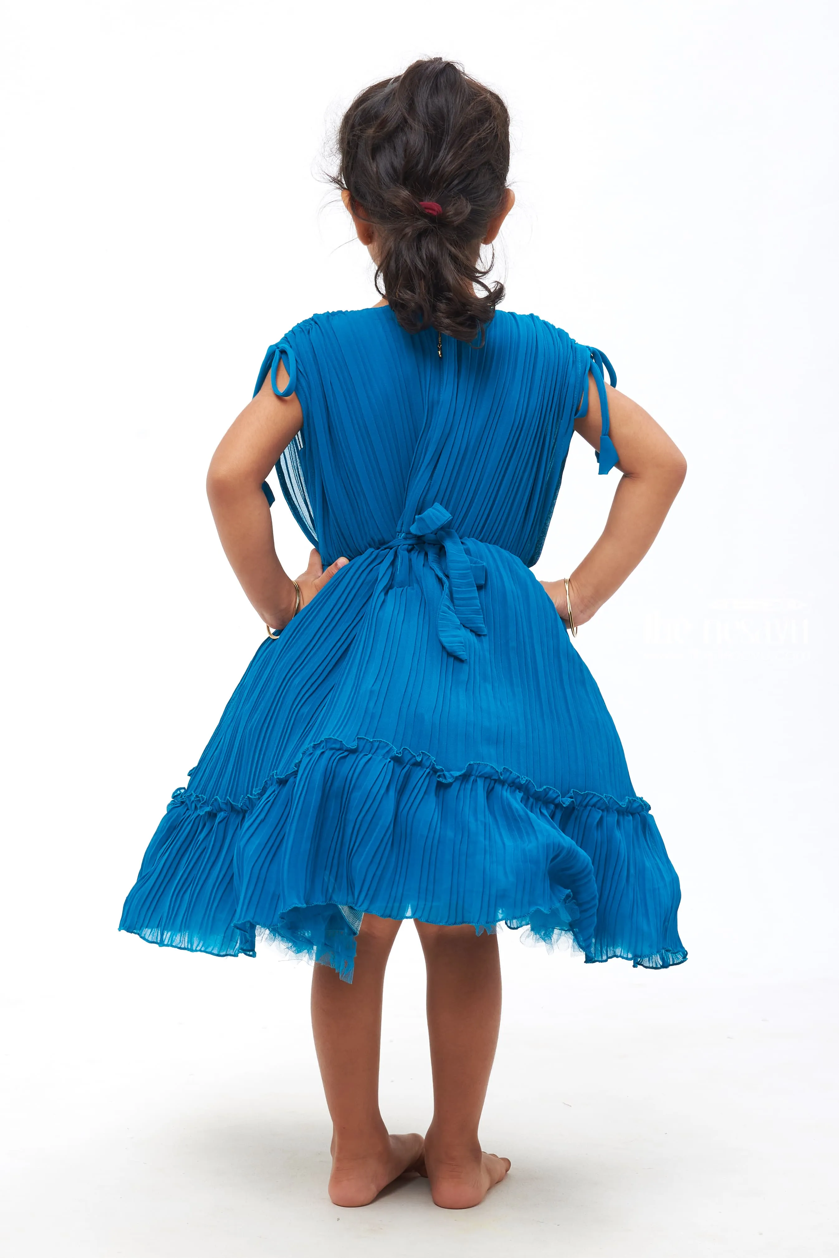 Azure Elegance: Girls Pleated Blue Georgette Party Dress