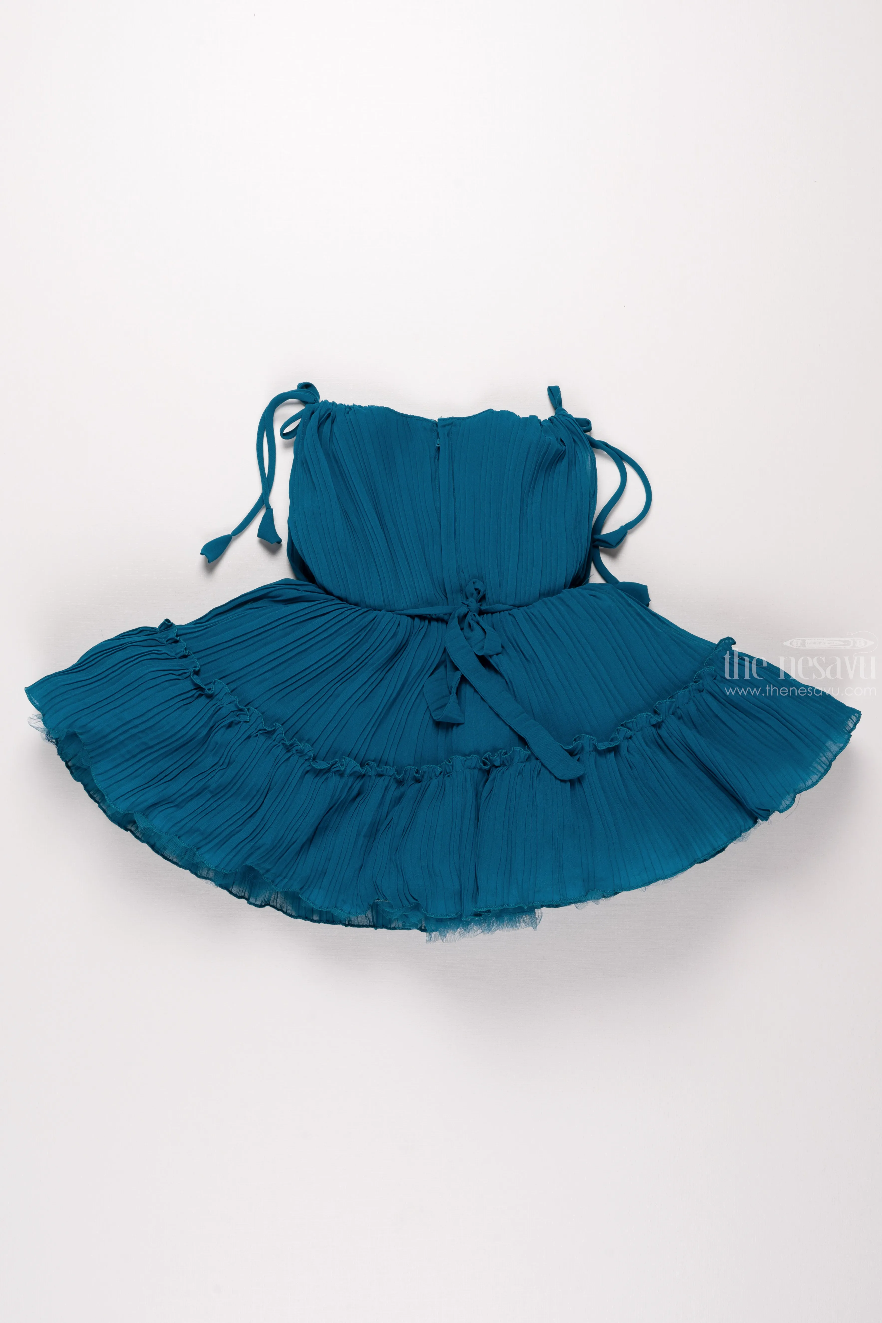 Azure Elegance: Girls Pleated Blue Georgette Party Dress