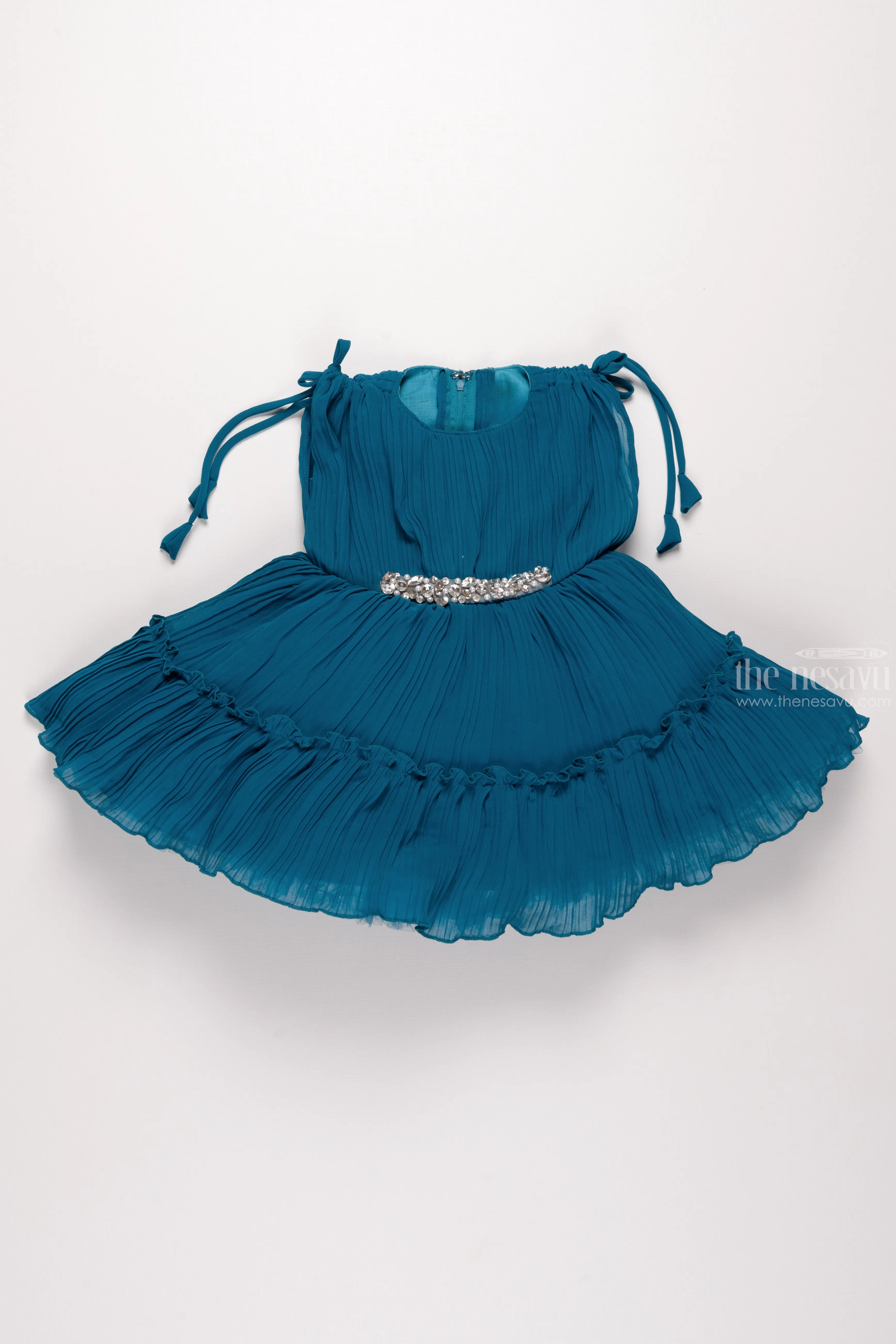 Azure Elegance: Girls Pleated Blue Georgette Party Dress