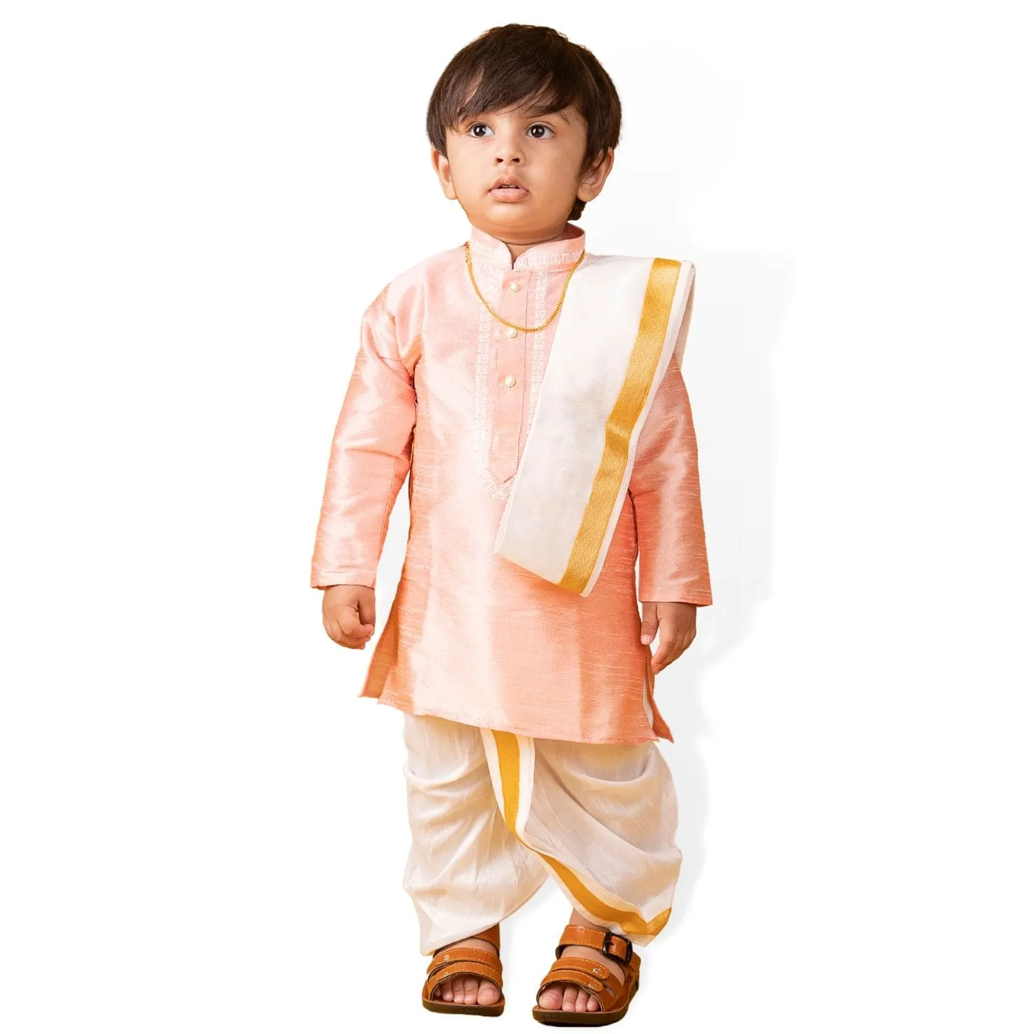 Baby Moo x Kurta Co. Traditional Dhoti Khandwa Kurta Set | Soft Banaras Silk With Gold Border | Premium Plastic Gift Box 6pcs - Peach