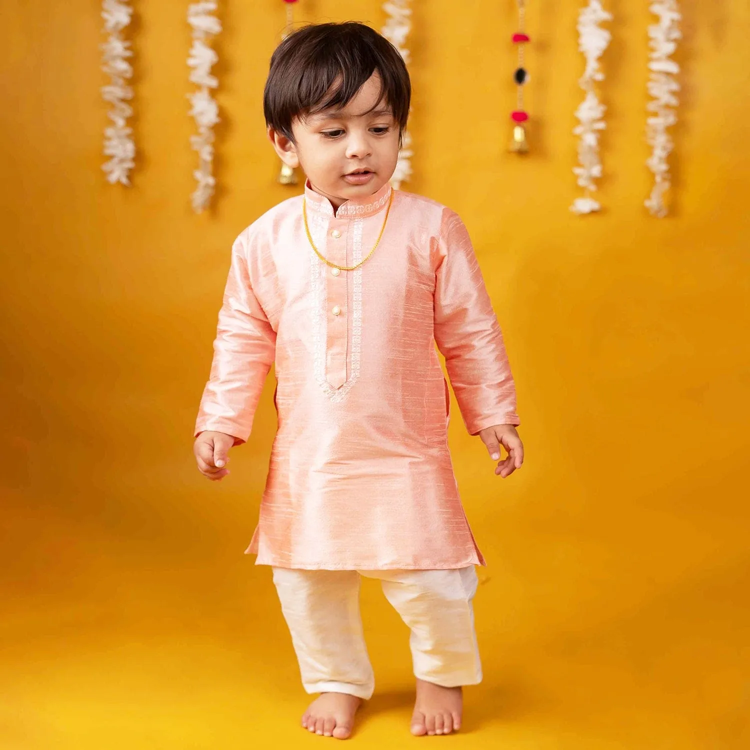 Baby Moo x Kurta Co. Traditional Dhoti Khandwa Kurta Set | Soft Banaras Silk With Gold Border | Premium Plastic Gift Box 6pcs - Peach