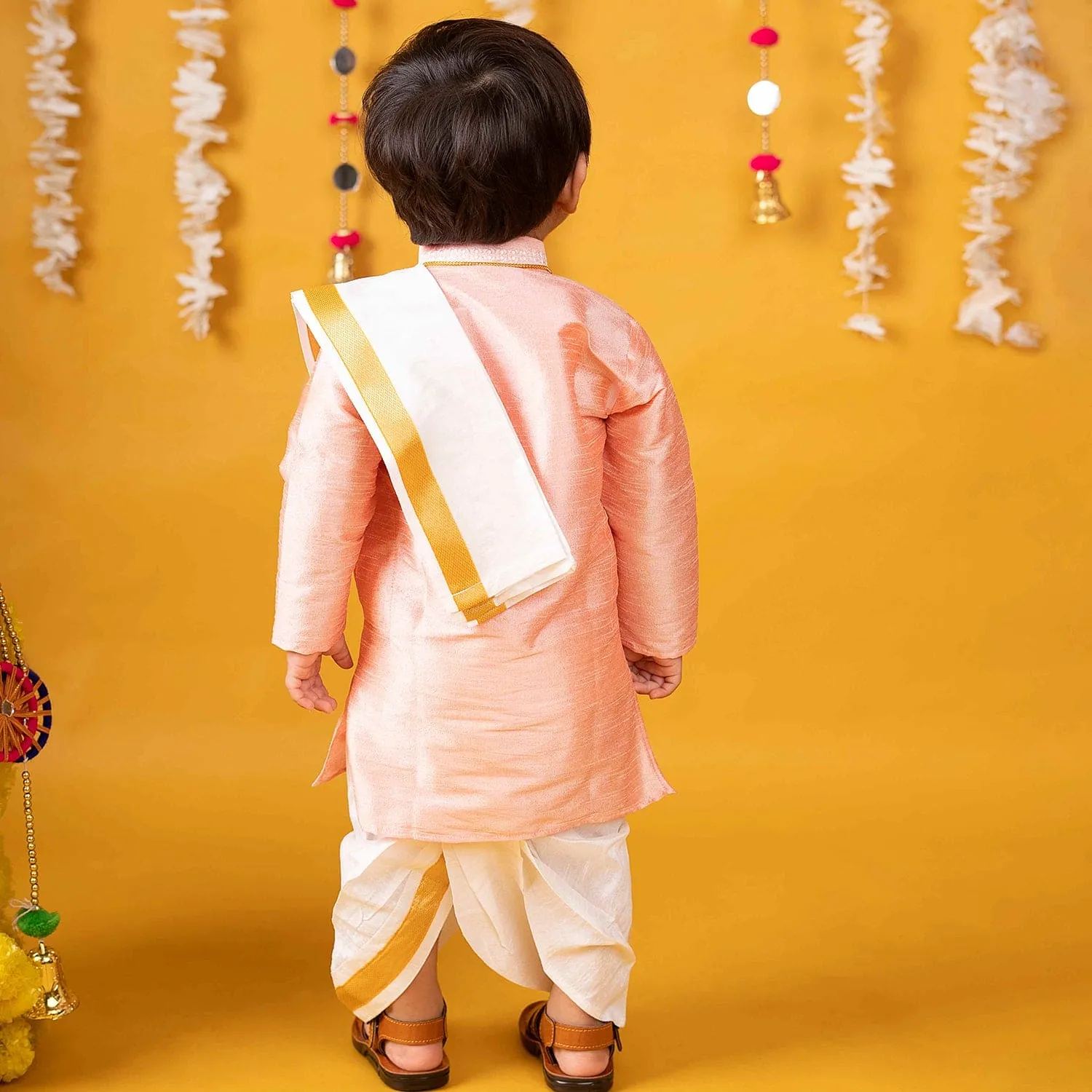 Baby Moo x Kurta Co. Traditional Dhoti Khandwa Kurta Set | Soft Banaras Silk With Gold Border | Premium Plastic Gift Box 6pcs - Peach