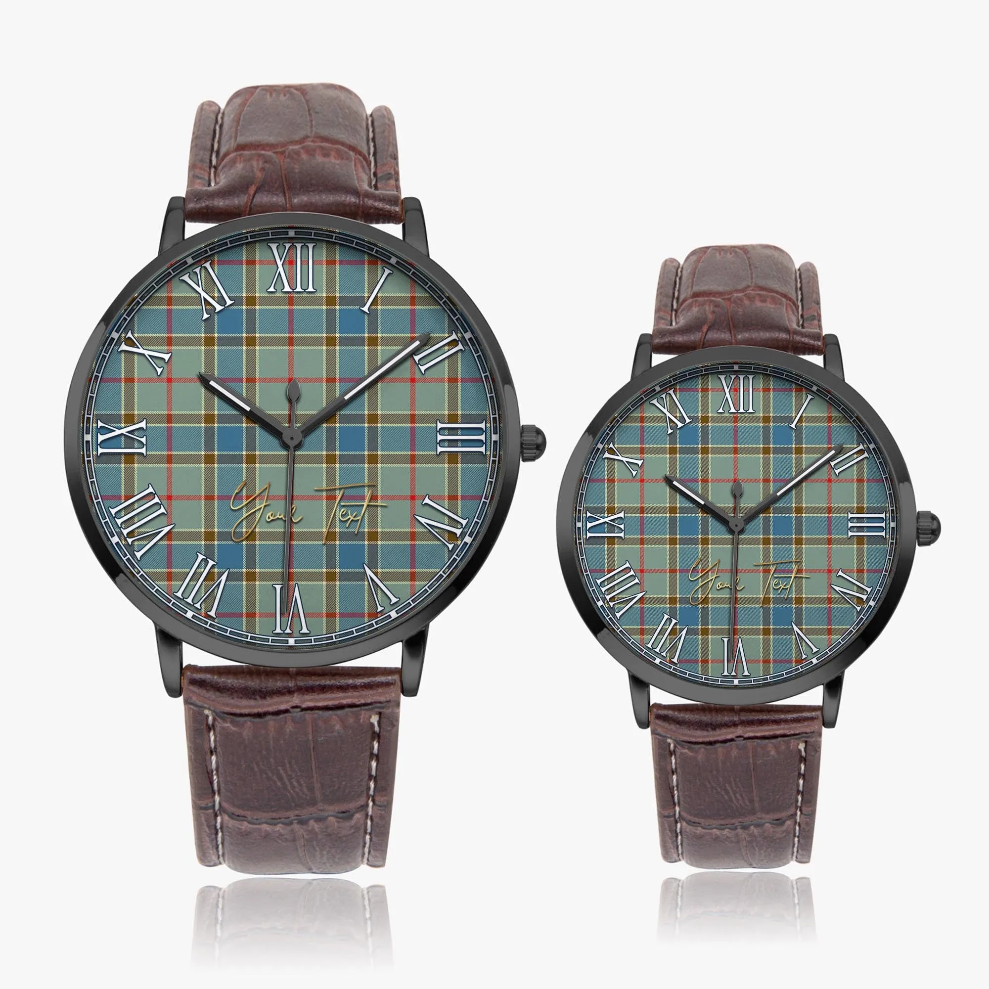 Balfour Blue Tartan Personalized Your Text Leather Trap Quartz Watch