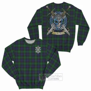 Black Watch Tartan Sweatshirt with Family Crest Celtic Skull Style