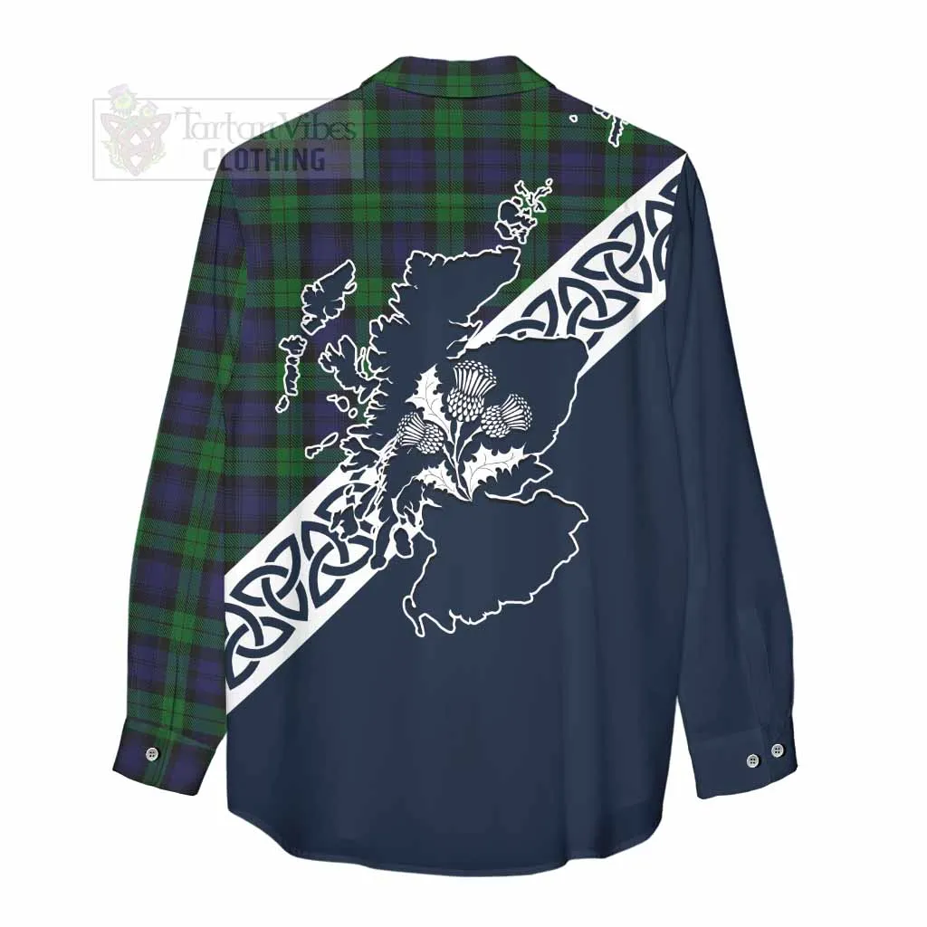 Black Watch Tartan Women's Casual Shirt Featuring Thistle and Scotland Map