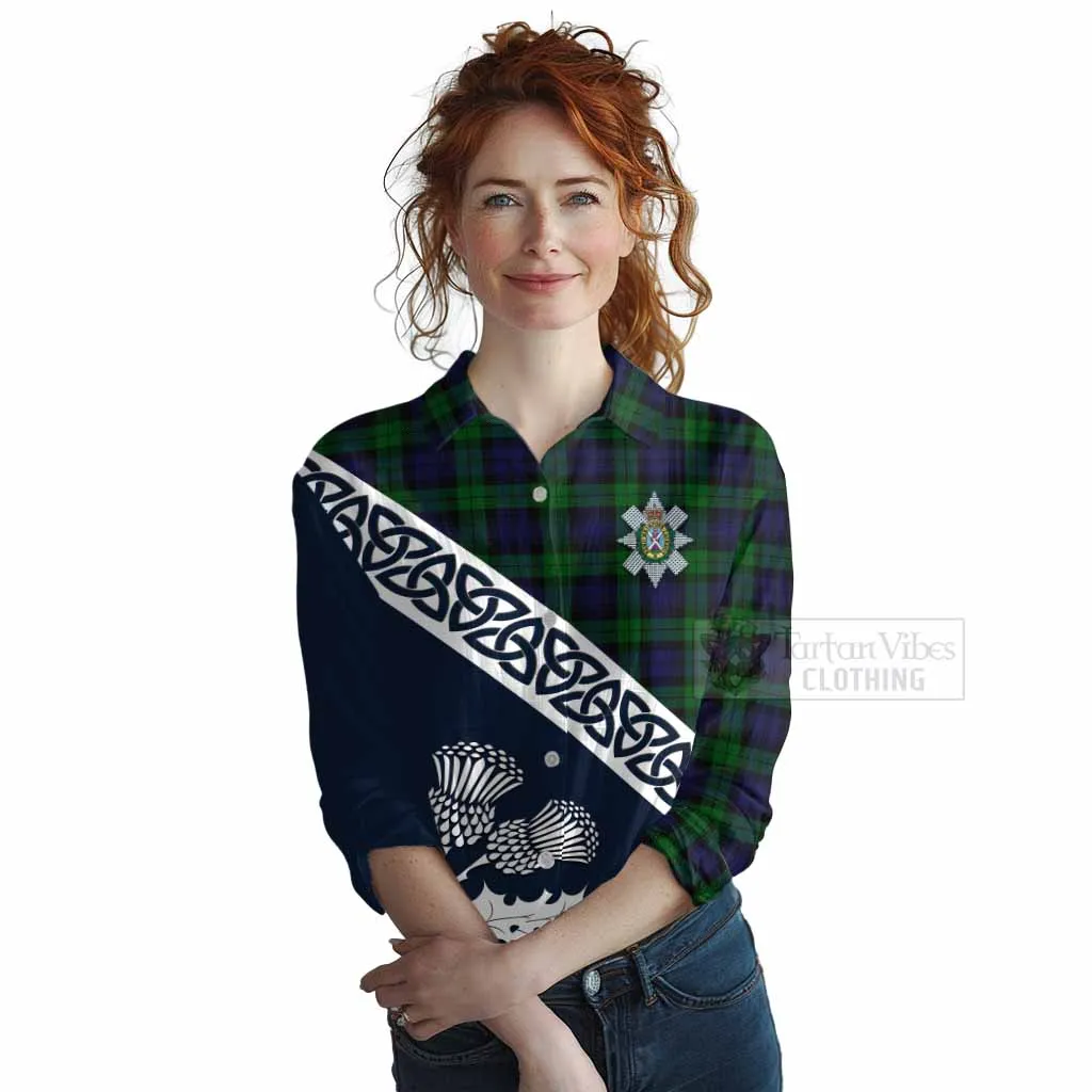 Black Watch Tartan Women's Casual Shirt Featuring Thistle and Scotland Map