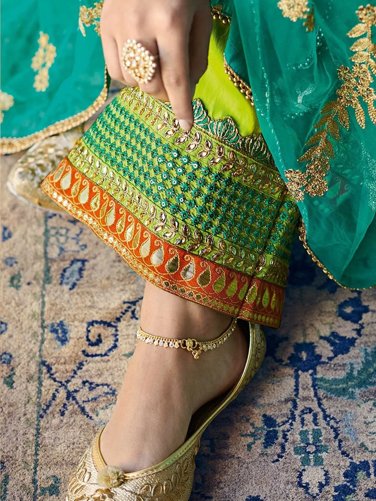 Blue And Green Embroidered Palazzos Pant Suit