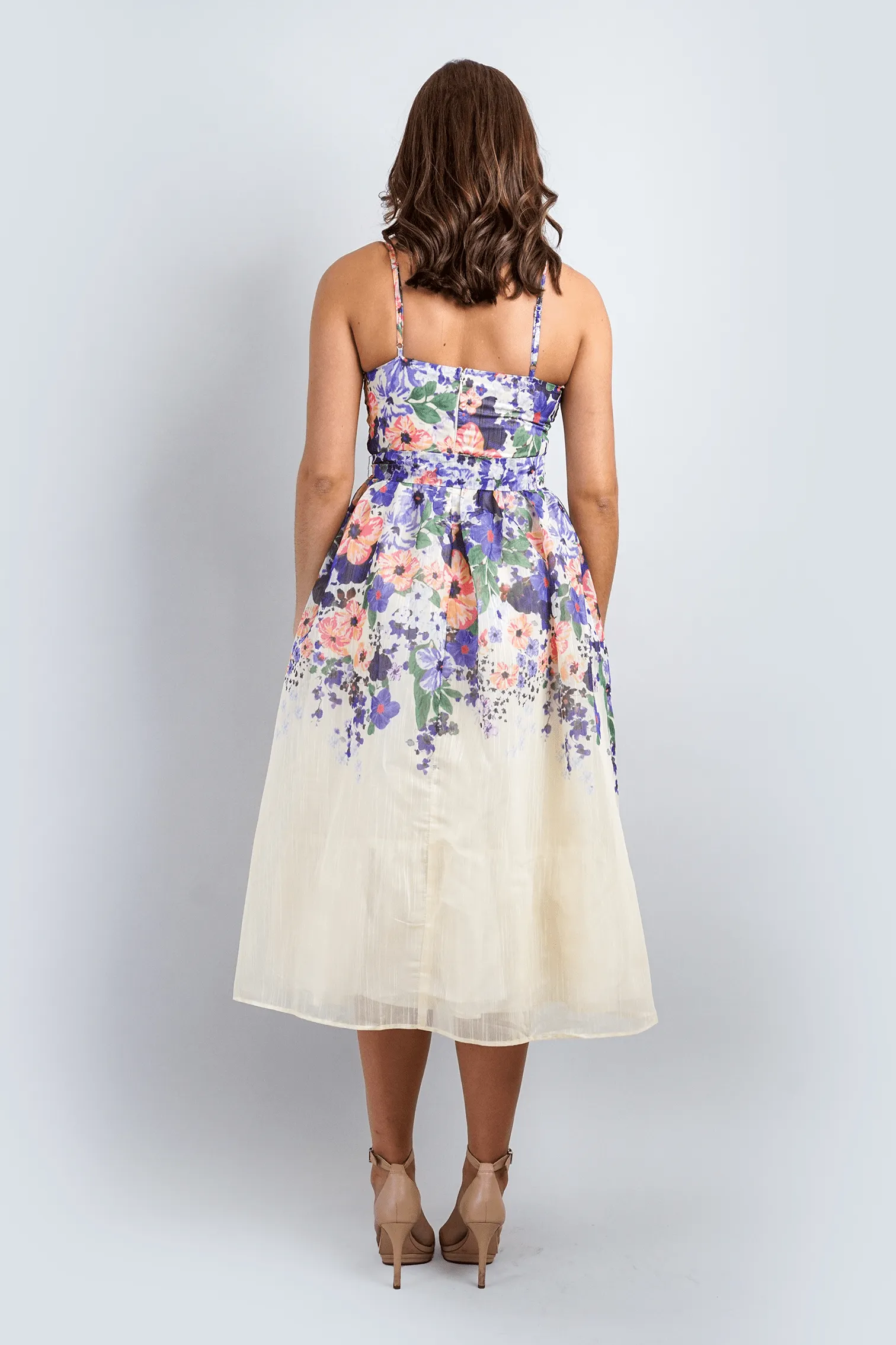 Cream Floral A Line Waist Tie Dress