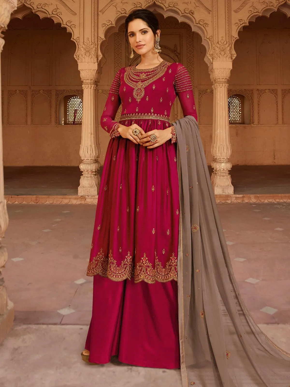 Crimson Red And Brown Designer Palazzo Suit