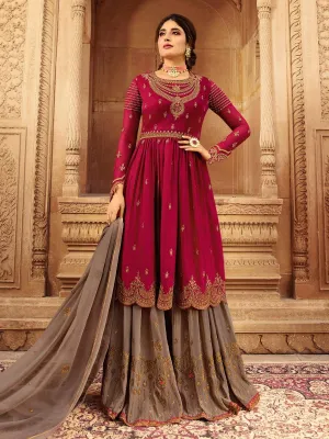 Crimson Red And Brown Designer Palazzo Suit