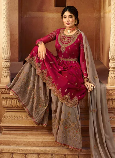 Crimson Red And Brown Designer Palazzo Suit