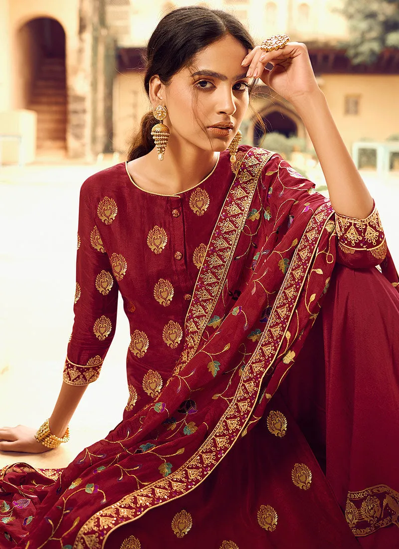 Deep Red Multi Embroidered Gharara Suit