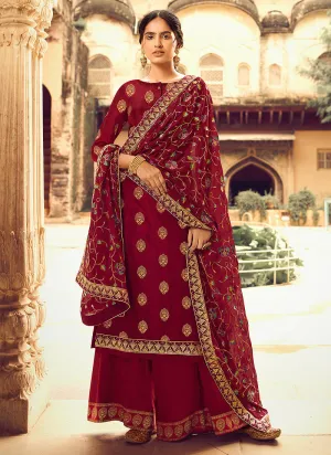 Deep Red Multi Embroidered Gharara Suit