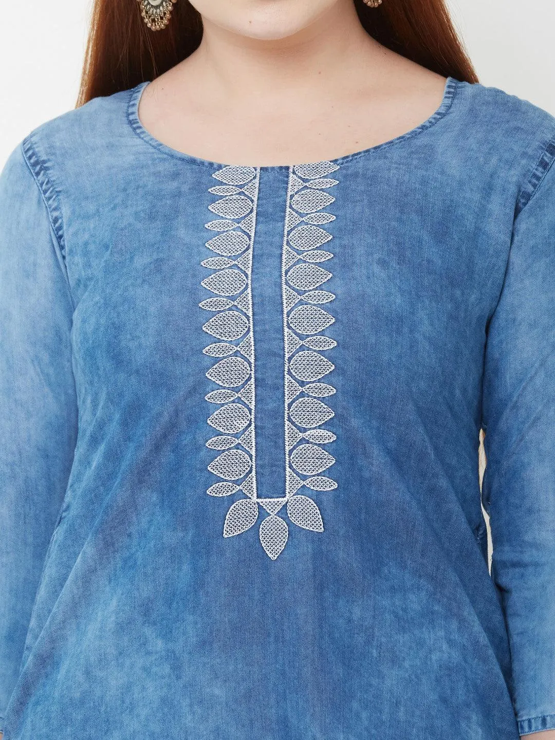 Elegant Embroidered Denim Kurta – Denim Blue