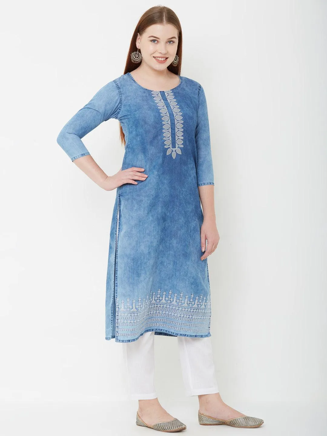 Elegant Embroidered Denim Kurta – Denim Blue