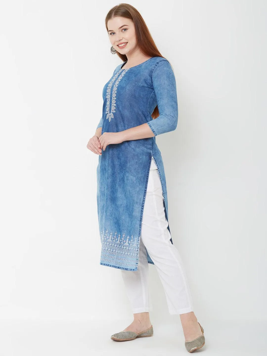 Elegant Embroidered Denim Kurta – Denim Blue