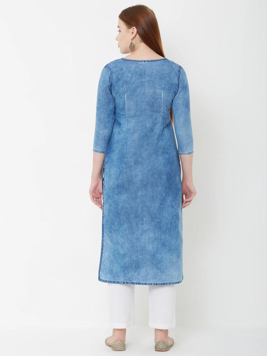 Elegant Embroidered Denim Kurta – Denim Blue