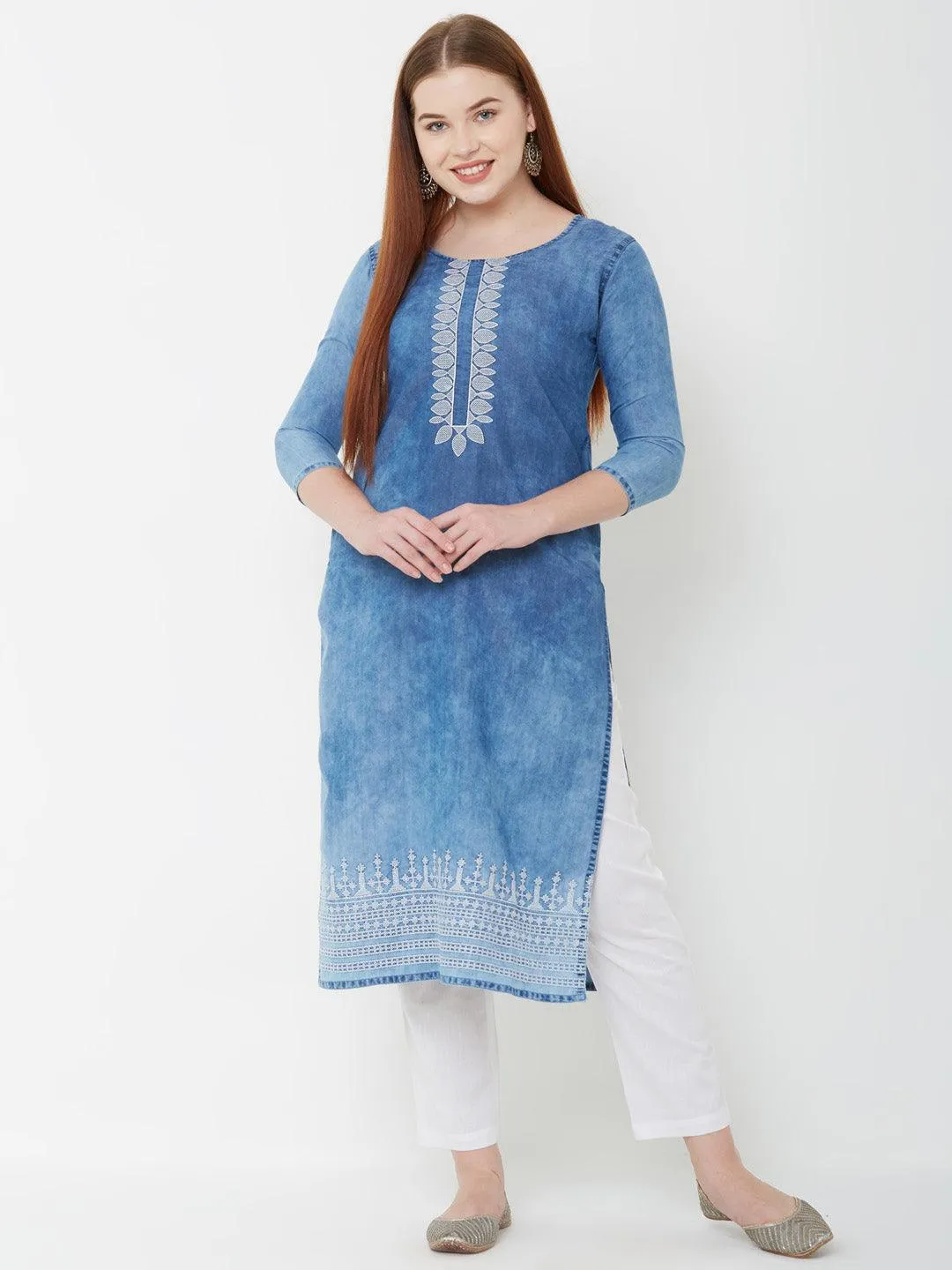 Elegant Embroidered Denim Kurta – Denim Blue