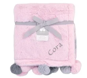 Embroidered Cuddle Plush Pom Pom Blanket in Pink