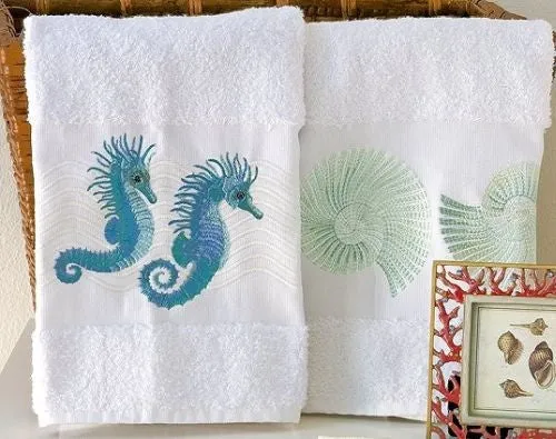 Embroidered Seahorse And Nautilus Towels