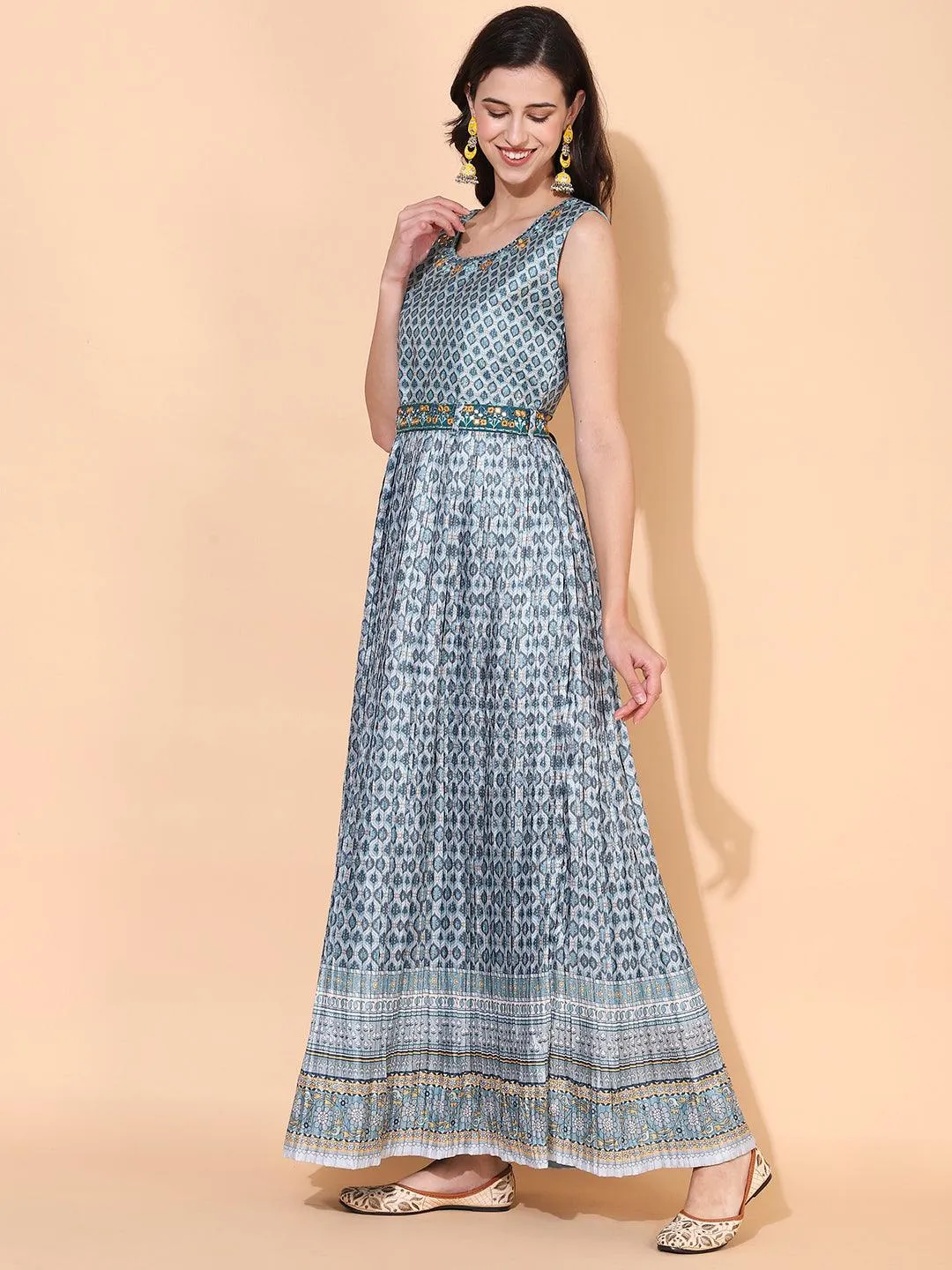 Ethnic Printed & Embroidered Flared Maxi Dress - Mint Green