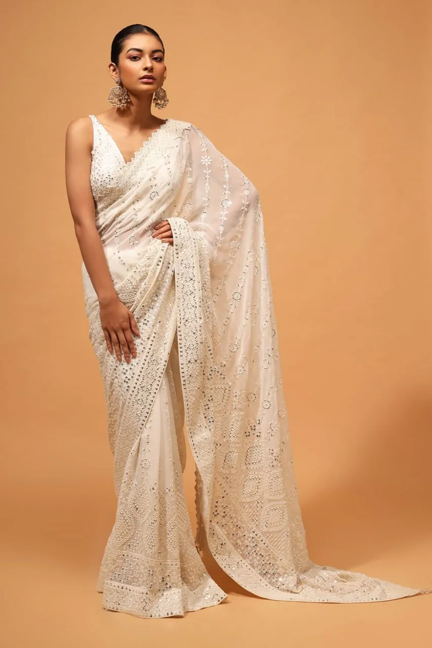 Exquisite White Designer Saree: Luxurious Georgette with Dazzling Embroidery & Sequins