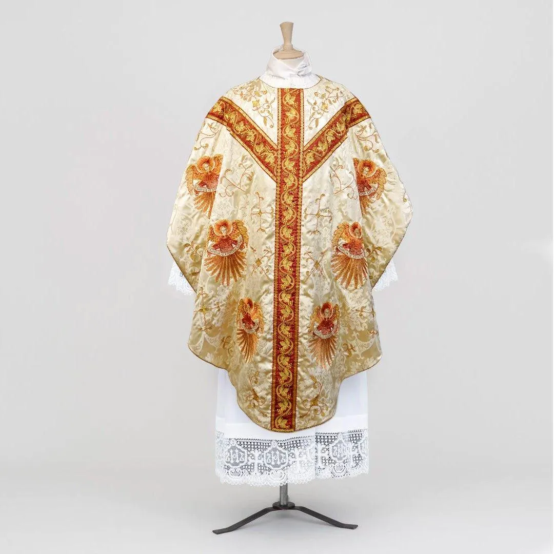 Full Gothic Chasuble in Cream 'Gothic' with Sarum Red 'Holbein' Orphreys and Embroidery