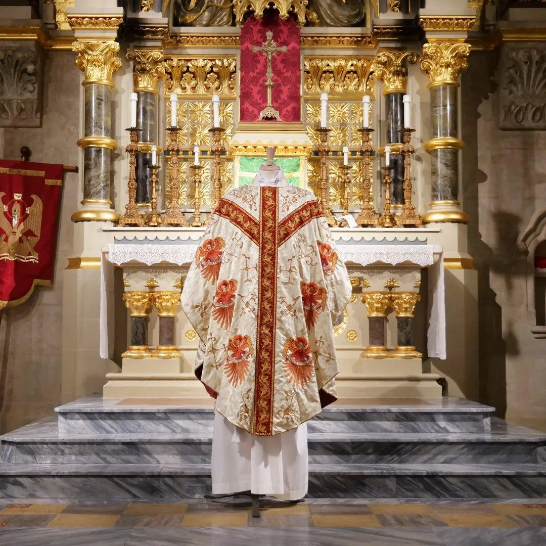 Full Gothic Chasuble in Cream 'Gothic' with Sarum Red 'Holbein' Orphreys and Embroidery