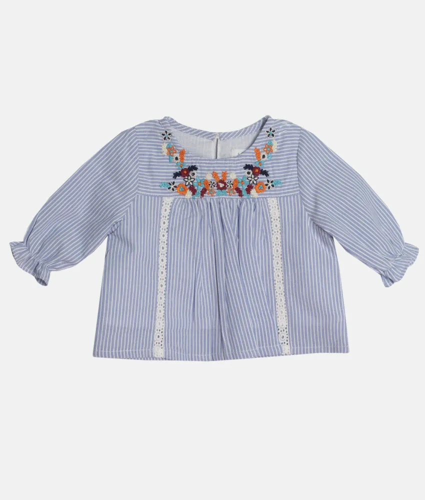 Girls Embroidered Top - Blue Stripes