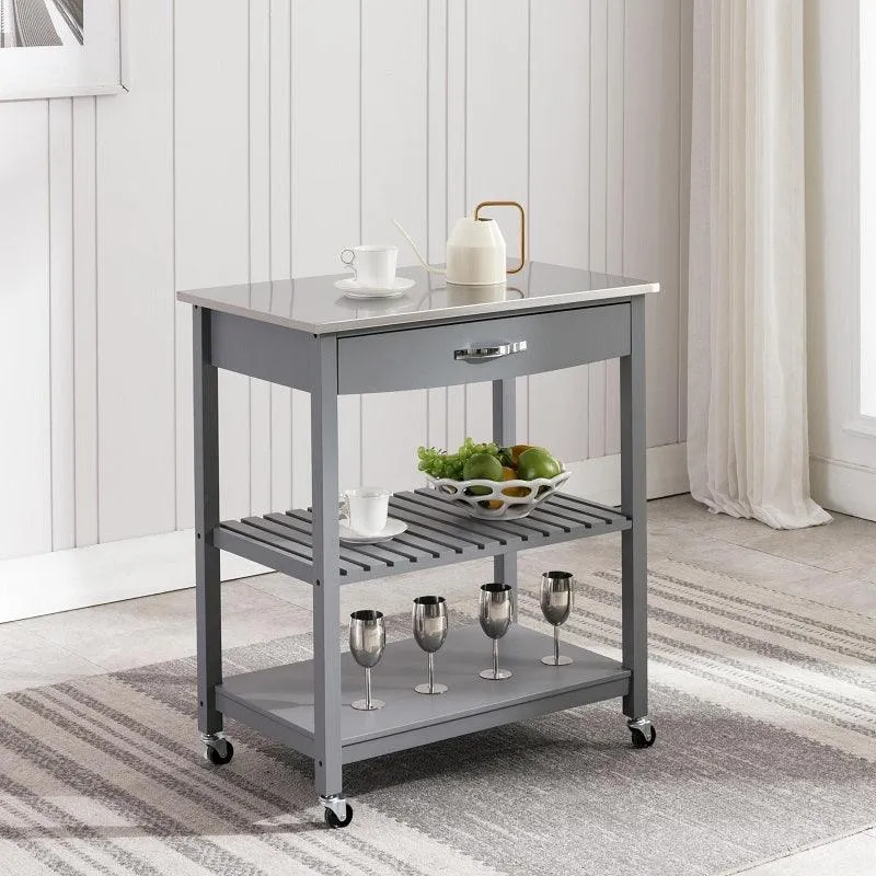 Gray Kitchen Cart with Stainless Steel Top  Mobile Kitchen Butcher Block Table Island With Drawer