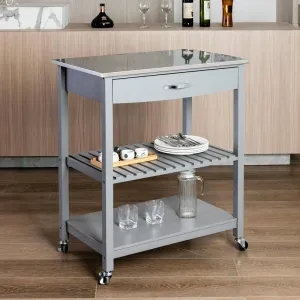 Gray Kitchen Cart with Stainless Steel Top  Mobile Kitchen Butcher Block Table Island With Drawer