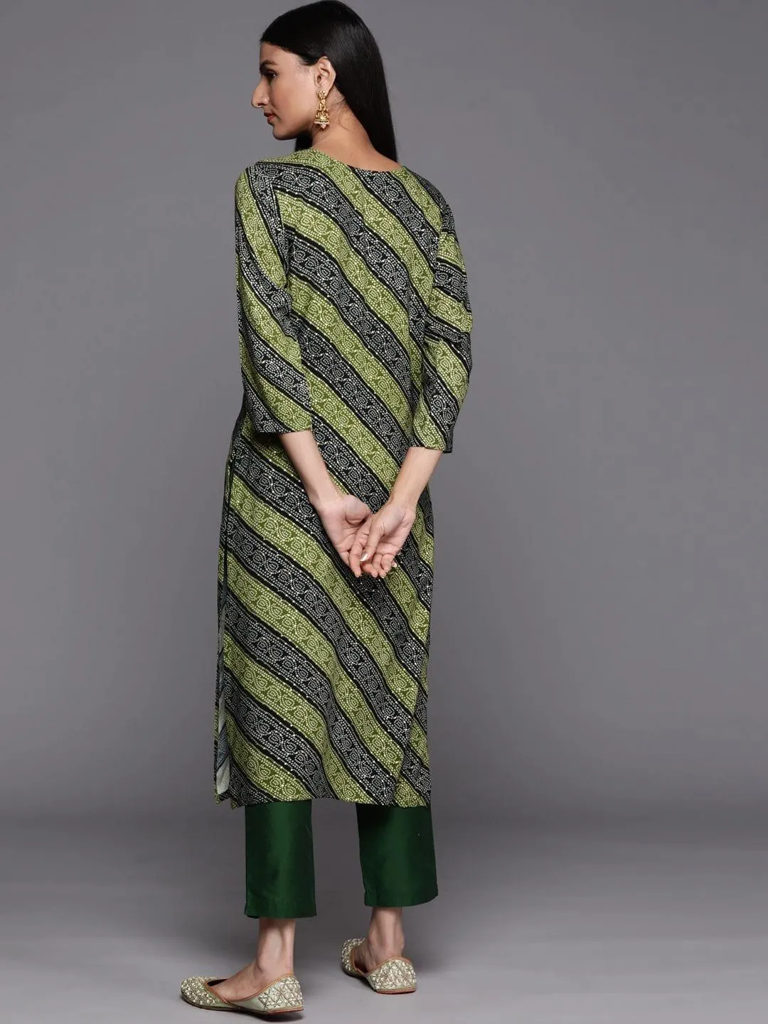 green and black  bandhani printed kurta with embroidered yoke