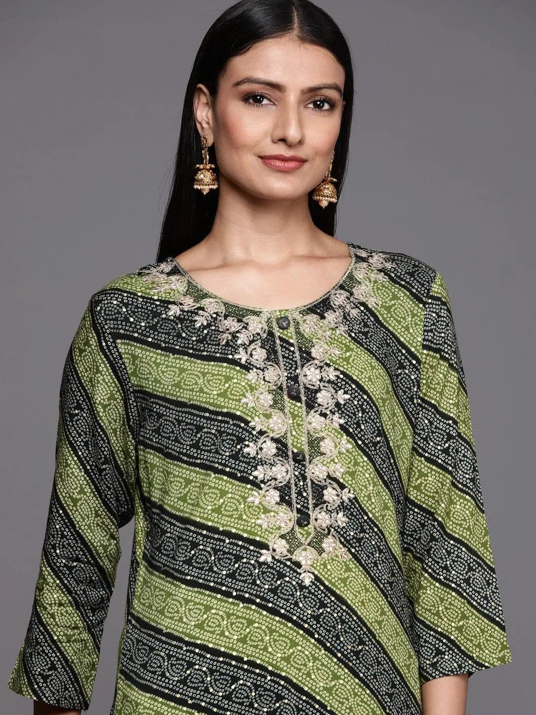 green and black  bandhani printed kurta with embroidered yoke