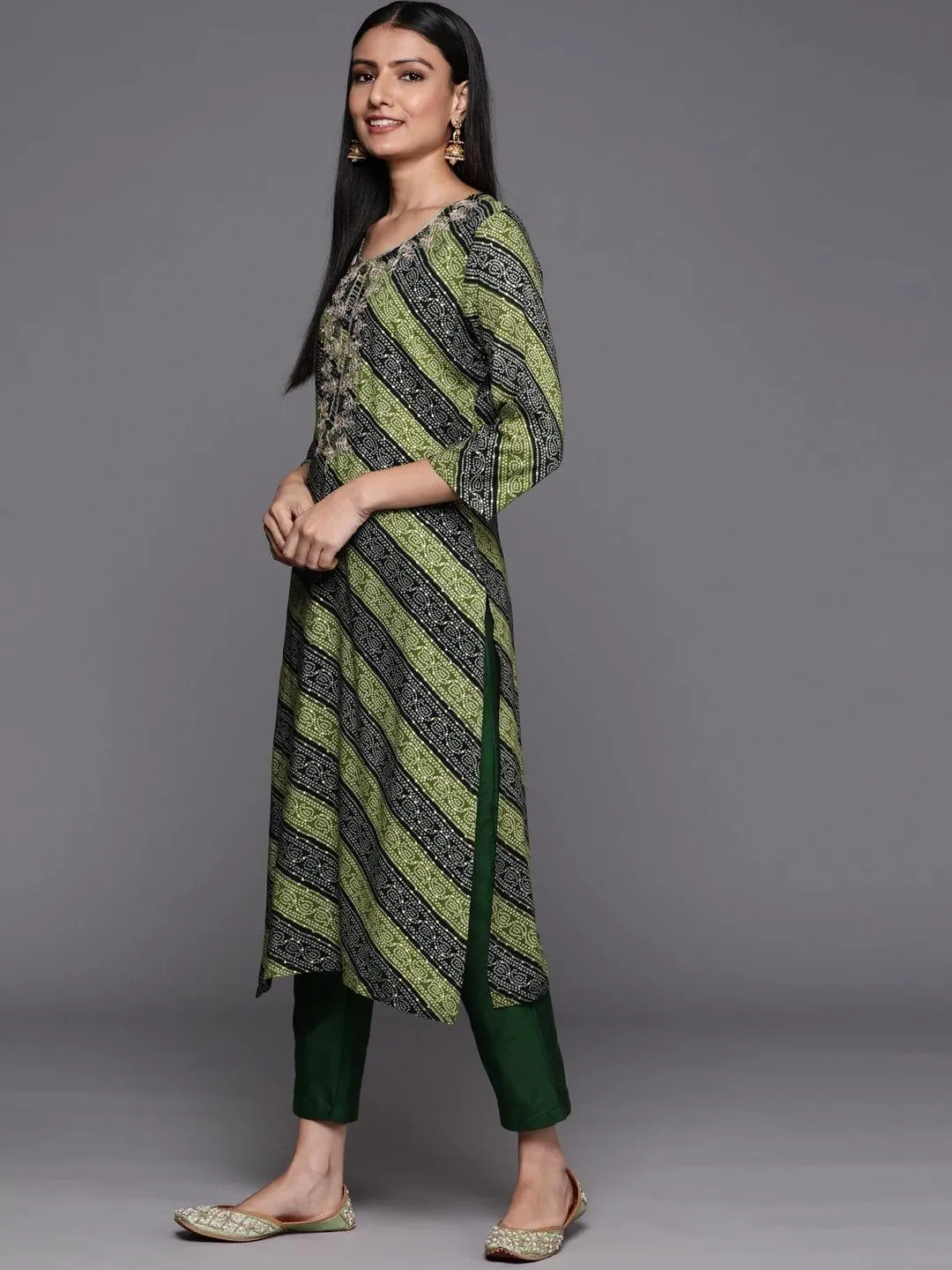 green and black  bandhani printed kurta with embroidered yoke