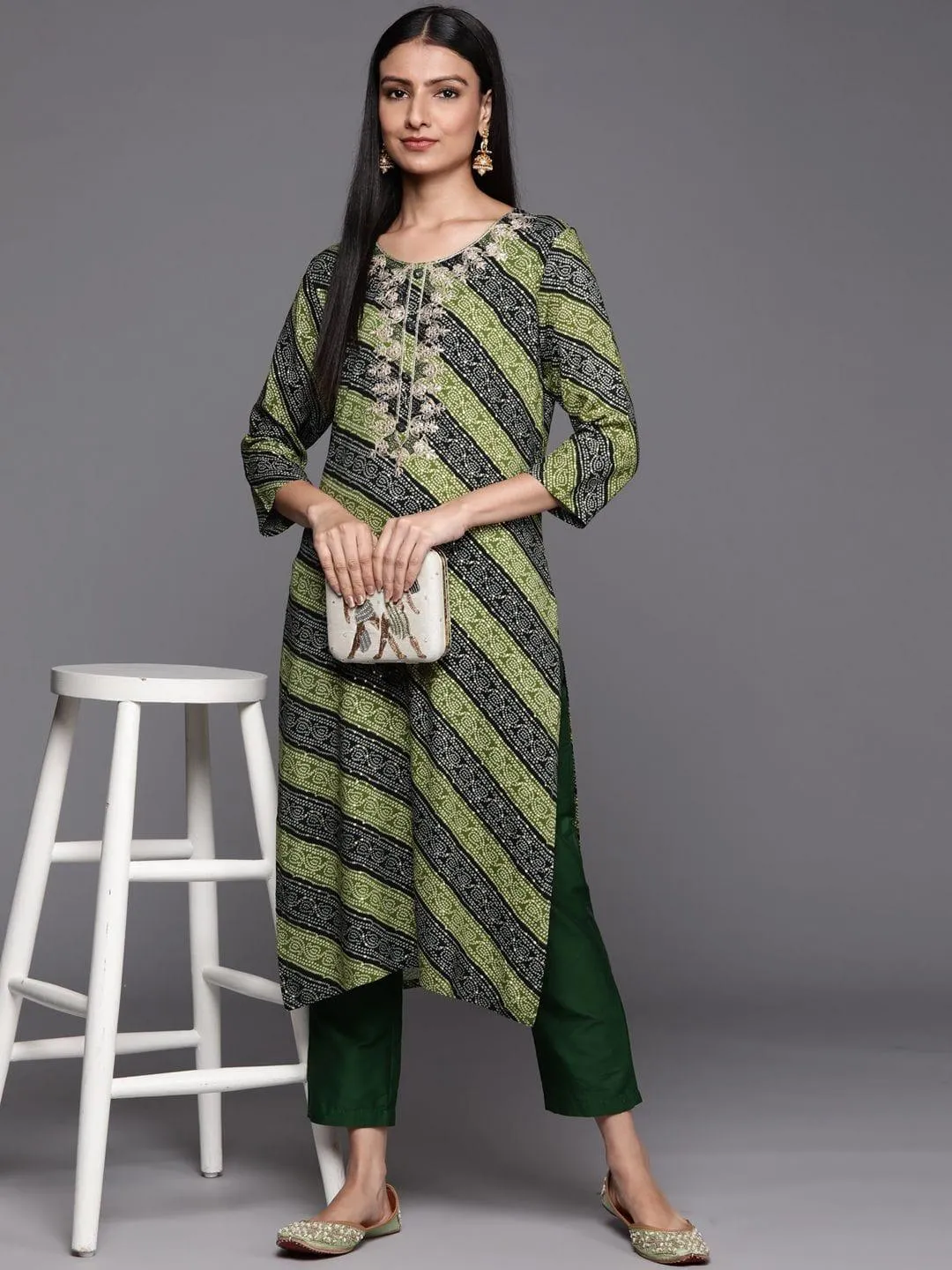 green and black  bandhani printed kurta with embroidered yoke