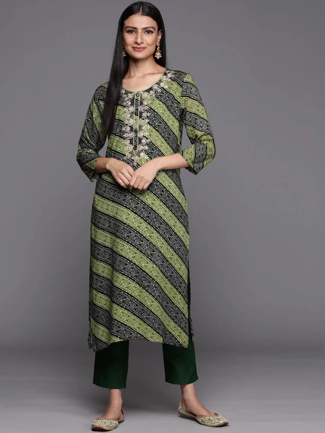 green and black  bandhani printed kurta with embroidered yoke